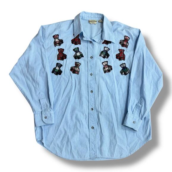 Vintage 90s Denim Republic Size XL Blue Embroidered Teddy Bear Plaid Shirt - Picture 1 of 5
